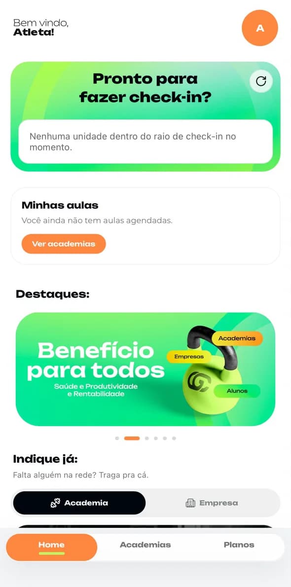 Tela inicial do app GymClub com o card “Pronto para fazer check-in?”