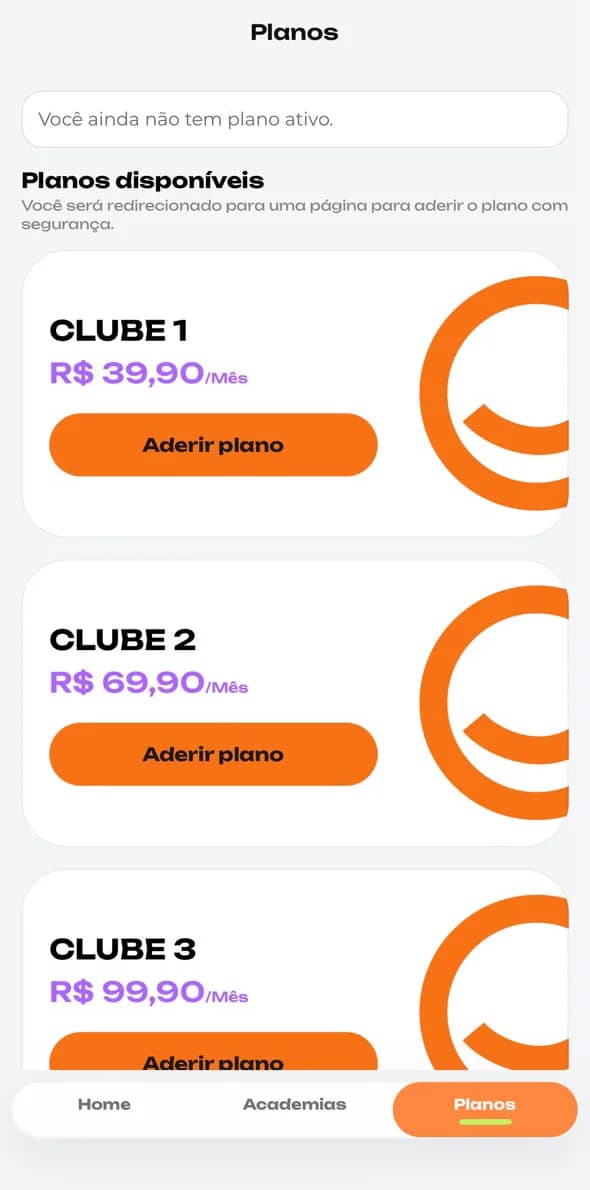 Tela de planos do app GymClub com os níveis Clube 1, 2 e 3